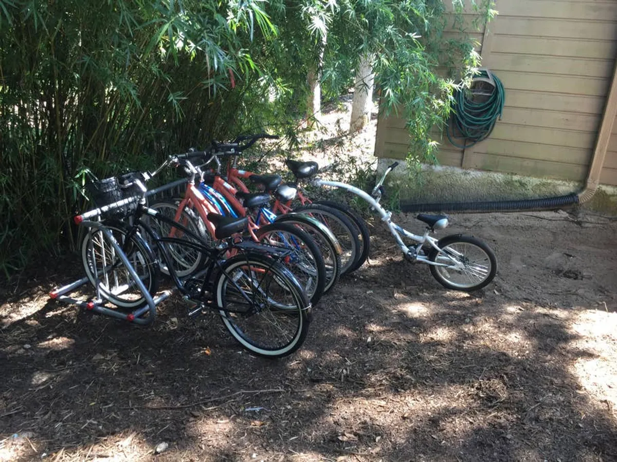 A collection of bicycles set against bamboo foliage and a storage shed, evoking a sense of outdoor adventure. The scene suggests easy access to biking and exploring the island's natural beauty.