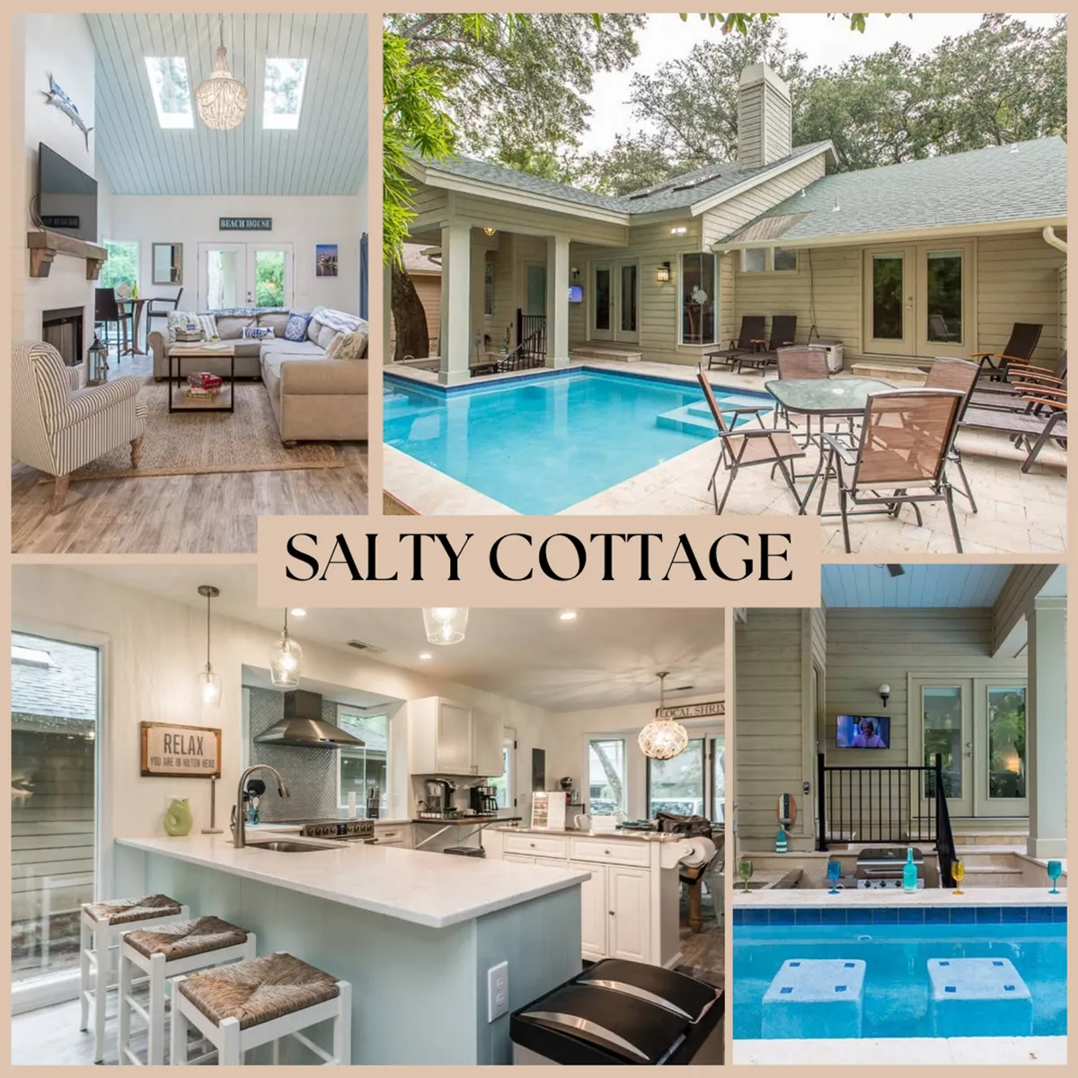 A wide shot blending indoor and outdoor spaces, featuring a swimming pool, a comfortable living room seating area, a kitchen island, and outdoor seating. The scene feels casual and tranquil, and hints at transitions from swimming and outdoor fun to group games and meals in shared indoor spaces.