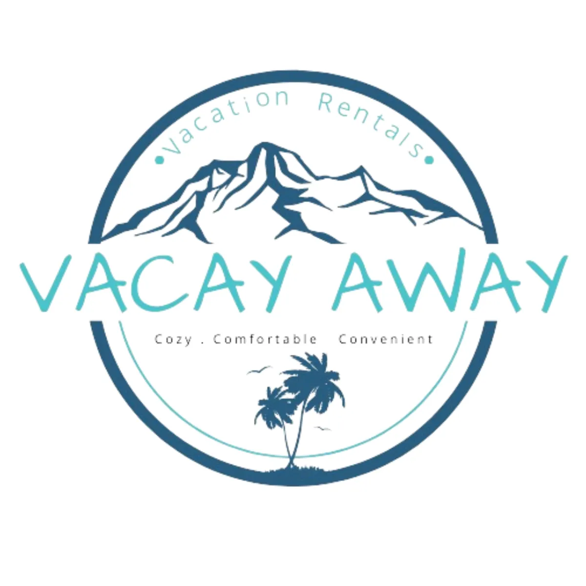 A scenic exterior scene with mountains in the background, palm trees, and a welcoming logo, suggesting an environment ideal for outdoor exploration, relaxation, and adventure. The mood is inviting and open, capturing the spirit of a vacation destination.